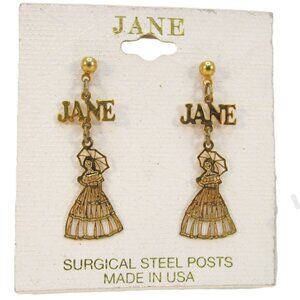 Pierced Earrings Jane Name Plate with Victorian Lady in Dress Charm Made in USA